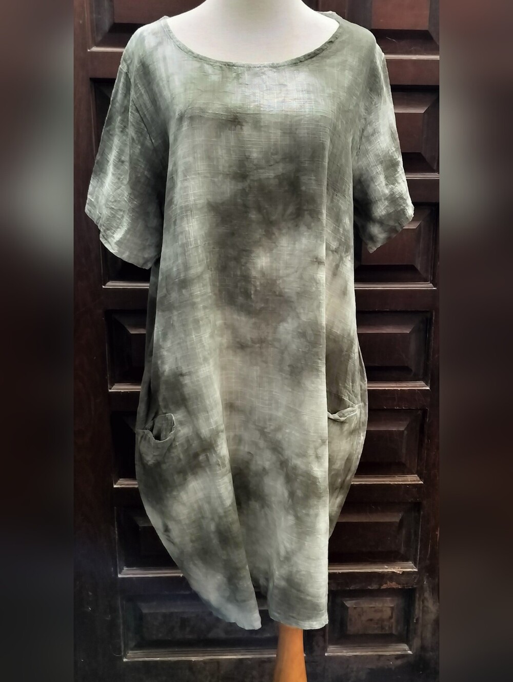 Relaxed Olive Green And Cream Short Sleeve Cotton Dress